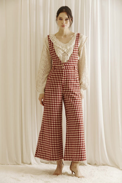 Houndstooth Tweed Jumpsuit Dark Red - Southern Fashion Boutique Bliss