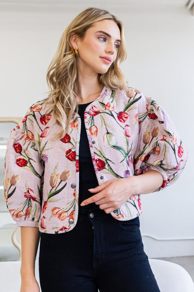 Floral Jacquard Cropped Jacket Pink - Southern Fashion Boutique Bliss