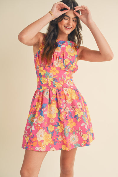 banded bottom mini dress Banded Waist Mini Dress Magenta Multi Floral