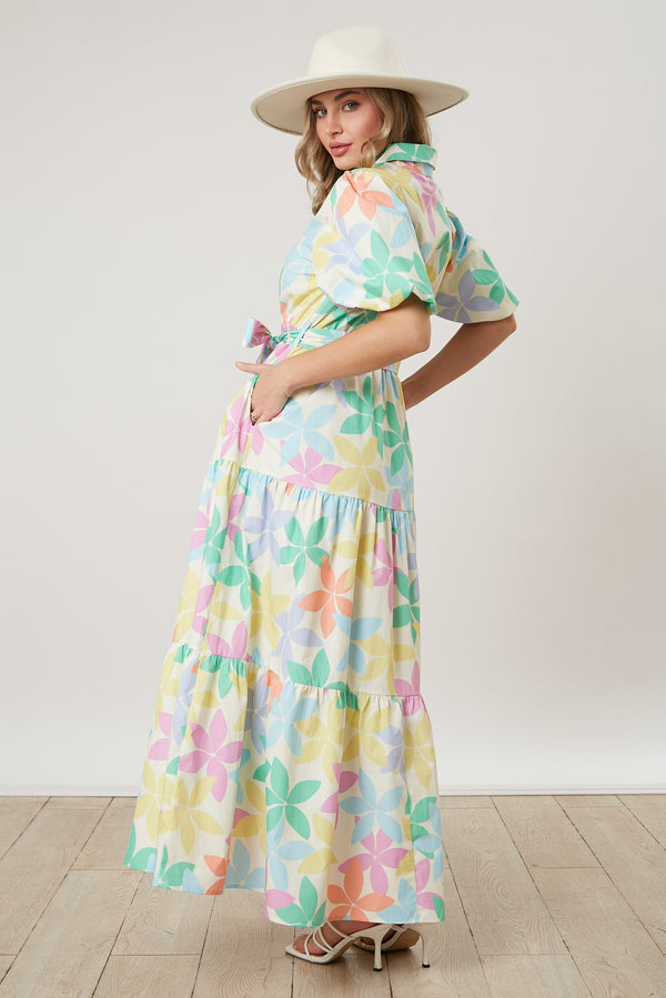 Poplin Puff Sleeve Dress Pastel Floral