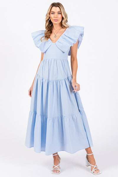 blue ruffle sleeve dress Navy Scallop Trim Detail Ruffled Sleeve Dress