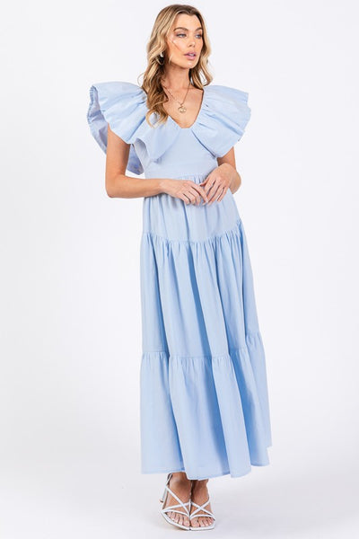 Ruffle Sleeve Tiered Maxi Dress Baby Blue