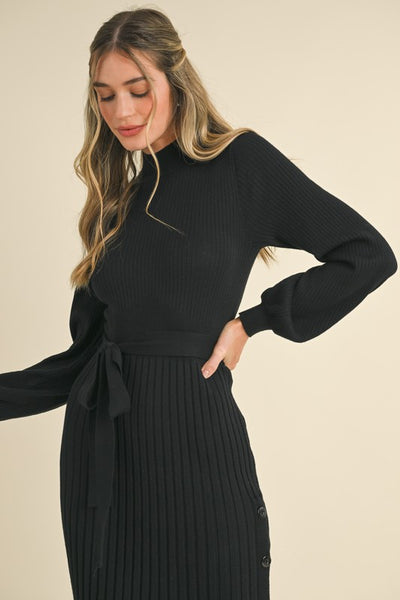 open lace back dress Ribbed Sweater Knit Midi Dress Black