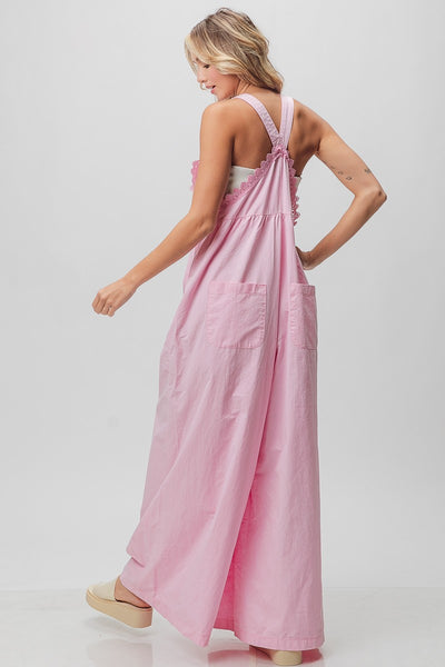 Lace Edge Detail Wide Leg Overalls Pink - Southern Fashion
