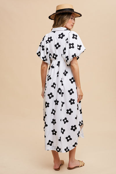 Floral Print Smock Detail Midi Dress Ivory