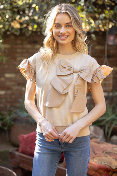 Ribbon Bow Ruffle Sleeve Top Taupe - Southern Fashion Boutique Bliss