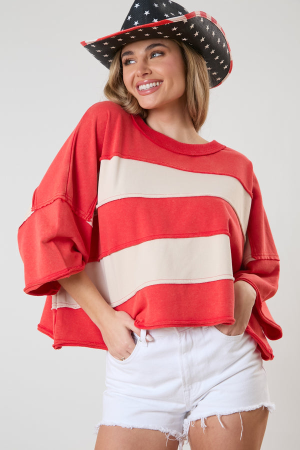 Color Block Crop T-Shirt Washed Red Multi