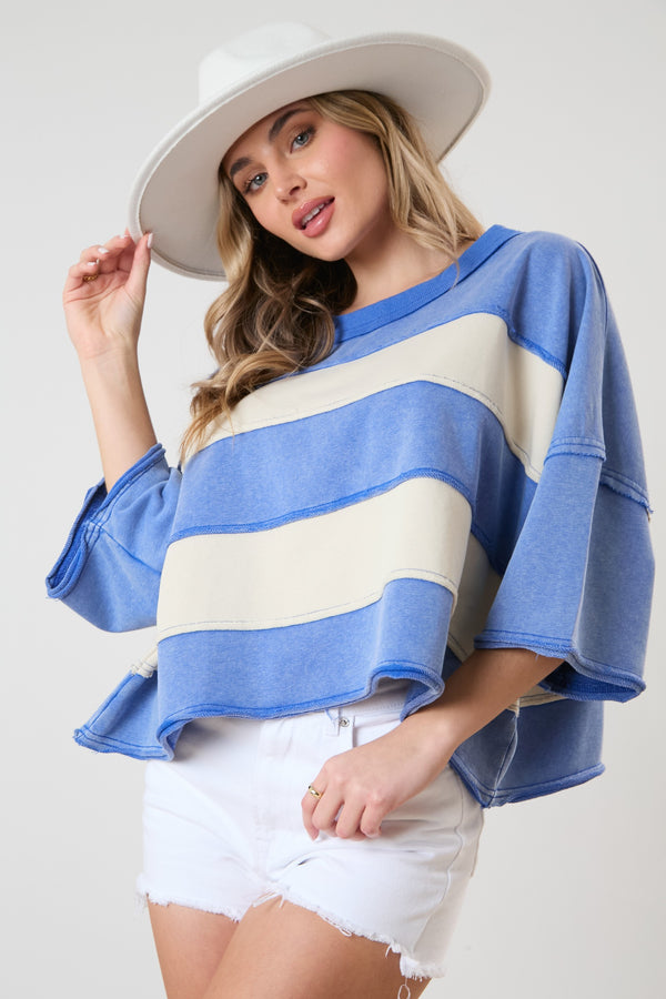 Color Block Crop T-Shirt Washed Blue Multi
