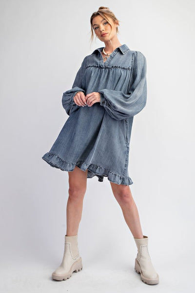 Washed Denim Ruffle Bottom Dress Washed