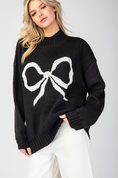 Ribbon Mock Neck Sweater Top Black - Southern Fashion Boutique Bliss
