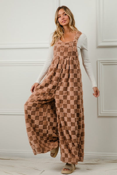 Checker Sherpa Wide Leg Overalls Mocha - Southern Fashion Boutique