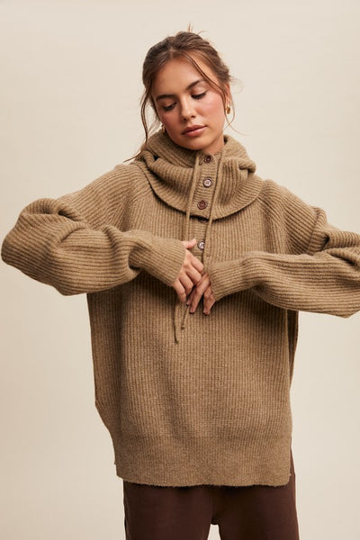 Detached Hood Button Knit Sweater Olive - Southern Fashion