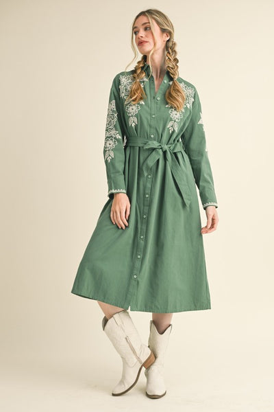 green emerald velvet dress Hunter Green Embroidered Pleated Bodice Smocked Back Midi Dress *FINAL –  SSYS
