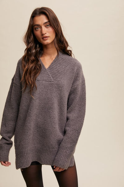 V-neck Slouchy Soft Knit Sweater Charcoal - Southern Fashion