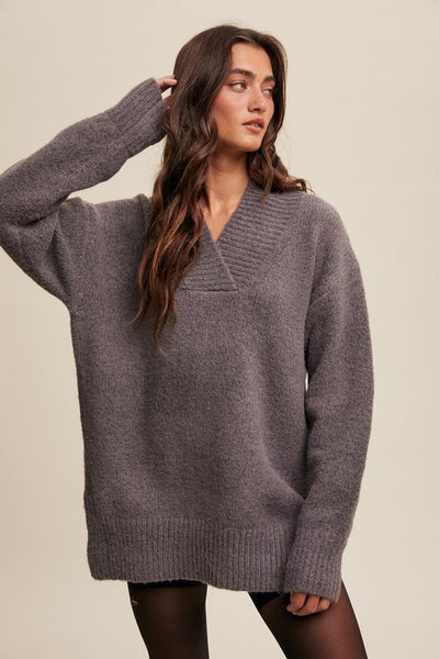 V-neck Slouchy Soft Knit Sweater Charcoal - Southern Fashion