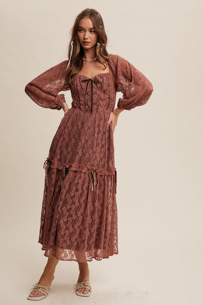 Corset Style Lace Long Sleeve Maxi Dress Rosewood - Southern Fashion  Boutique Bliss
