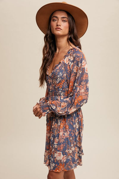 Floral Smocked Long Sleeve Dress Denim - Southern Fashion Boutique Bliss