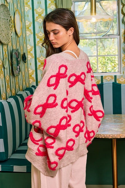Oversized Ribbon Sweater Cardigan Ash Grey/Pink - Southern Fashion