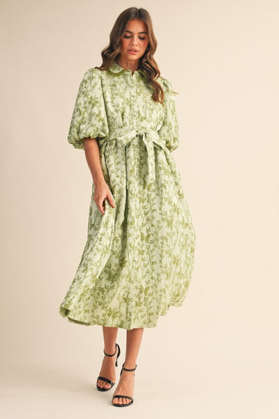 Jacquard Bubble Sleeve Midi Dress Sage Green Jacquard Bubble Sleeve Midi Dress Sage Green