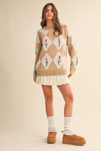 Flower Print Diamond Patterned Sweater Taupe