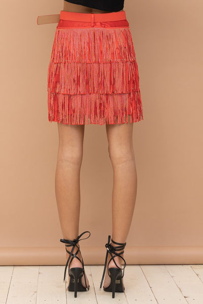 Satin Studded Tiered Fringe Mini Skirt Red - Southern Fashion