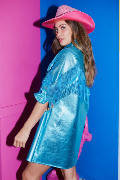 Shiny Foil Sequin Fringe Dress Sky Blue