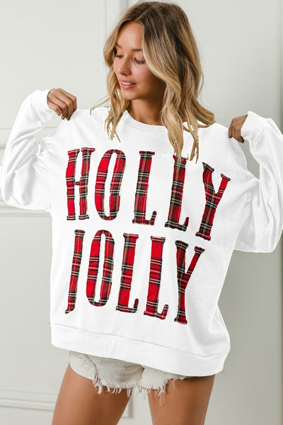 Plaid Holly Jolly Christmas Sweatshirt White - Southern Fashion