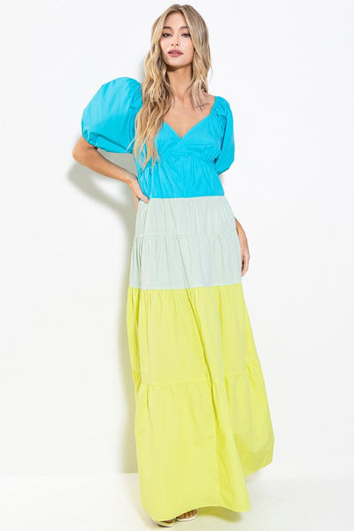 Color Block Maxi Tiered Dress Blue