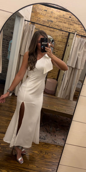 One Shoulder Bow Side Slit Maxi Dress Off White - Southern Fashion