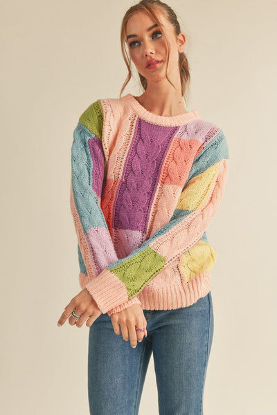Color Block Cable Knit Sweater Pink/Blue - Southern Fashion