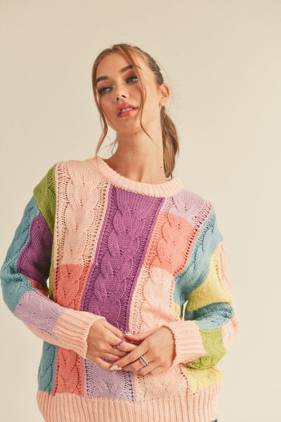 Color Block Cable Knit Sweater Pink/Blue - Southern Fashion