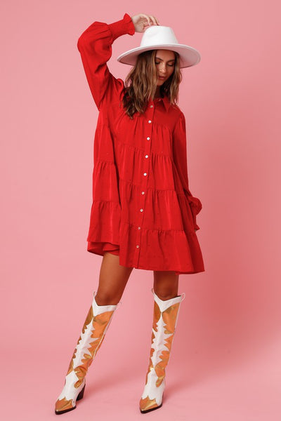 Rhinestone Button Down Shirt Dress Red