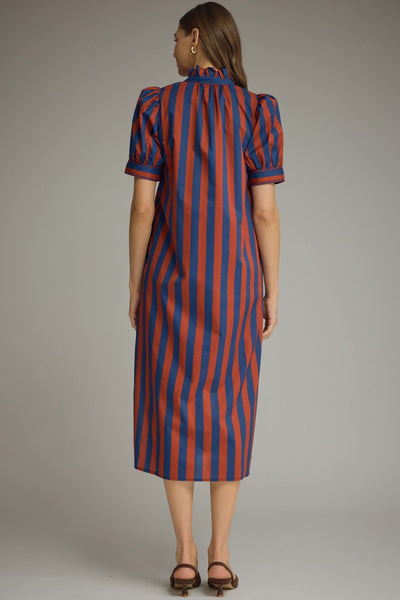 Striped Short Puff Sleeve Midi Dress Navy/Rust
