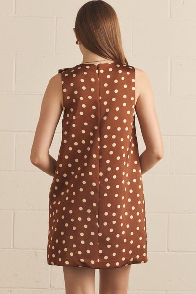 Polka Dot Sleeveless Mini Dress w/ Ribbon Brown