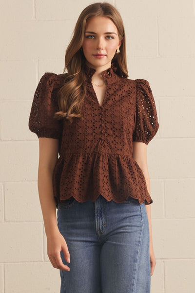 Eyelet Embroidery Short Puff Sleeve Top Brown - Southern Fashion