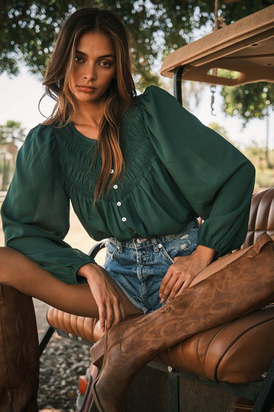 Solid Shirring Detailed Blouse Top Forest Green - Southern Fashion