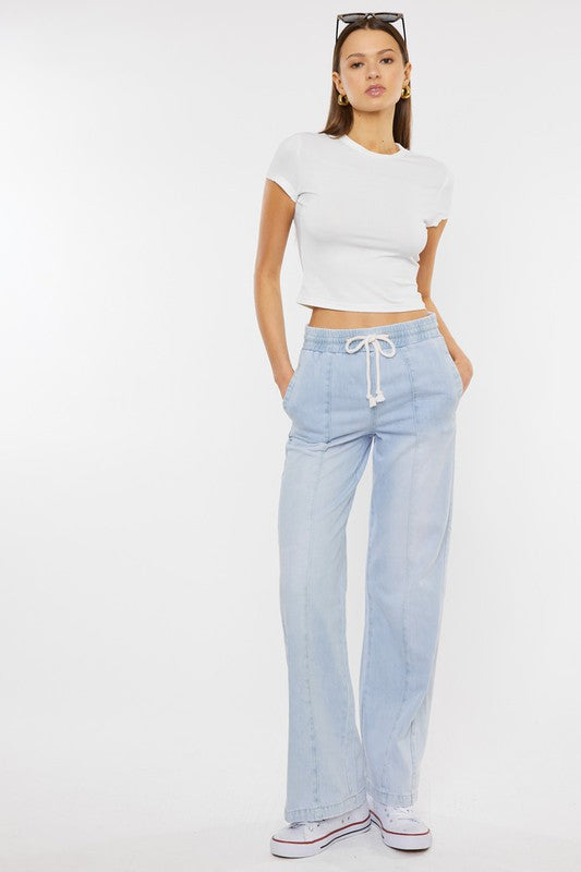 High Rise Elastic Band Wide Flare Jeans Light