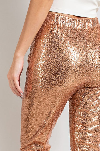 Sequin High Waisted Slit Pants Rose Gold