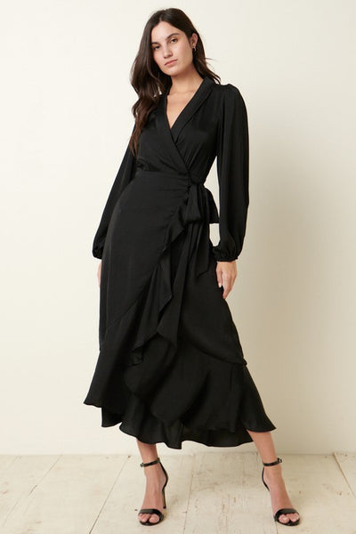 Satin Maxi Wrap Dress Black
