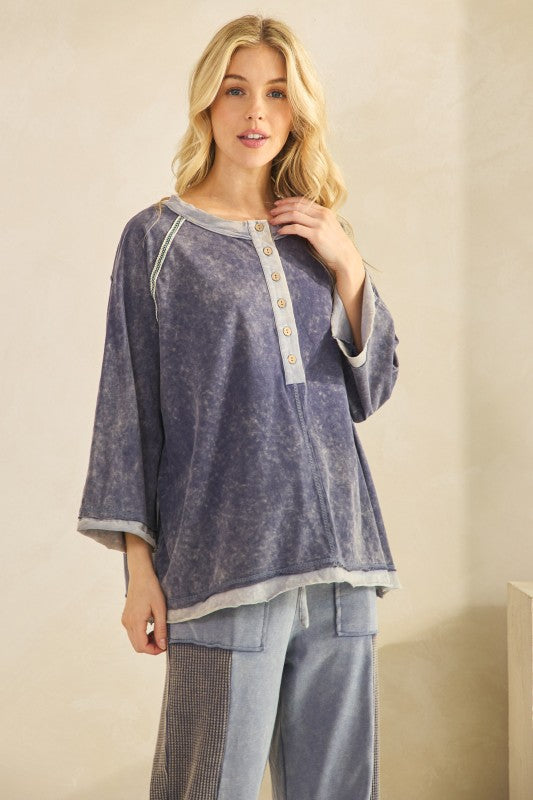 Mineral Wash Henley Pullover Top Navy
