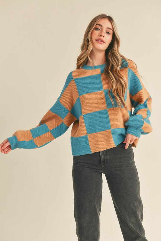 Checkered Pullover Sweater Teal Blue Taupe