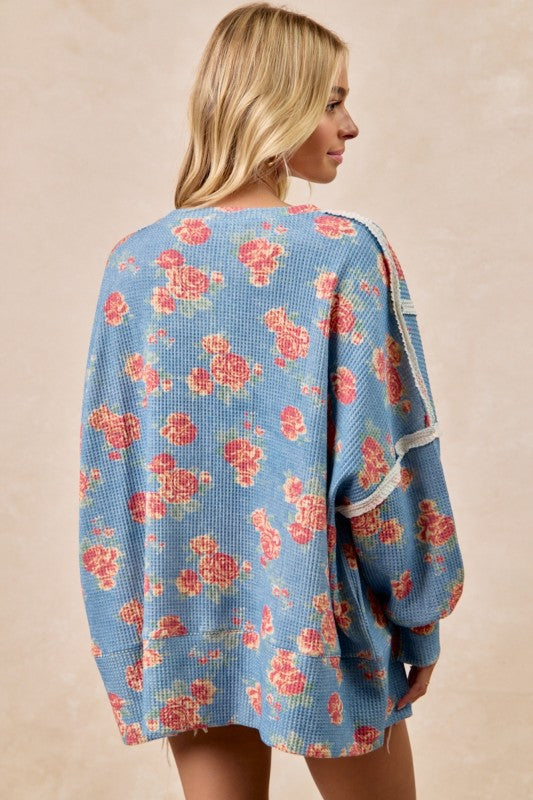 Floral Print Oversized Waffle Thermal Top Denim