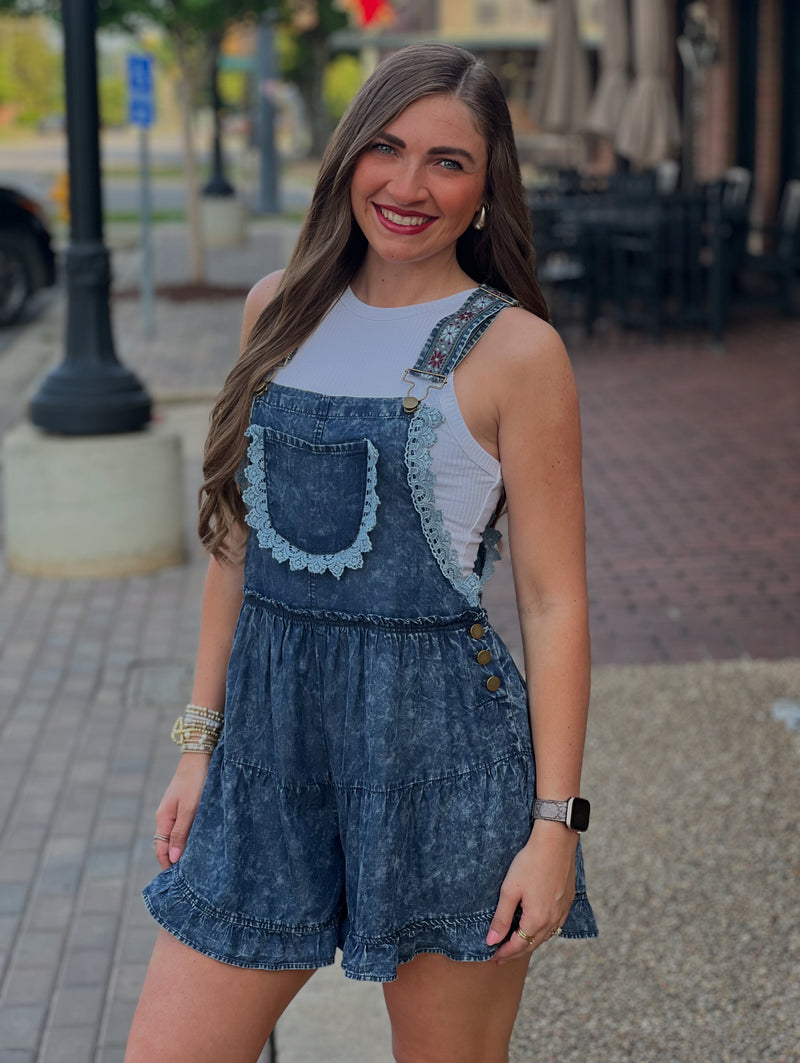 Embroidery Overall Romper Dark Wash