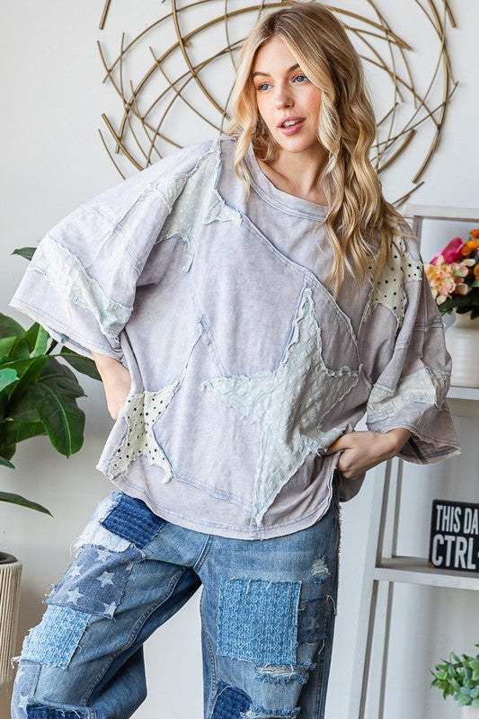 Washed Star Patchwork Short Sleeve Top Blue