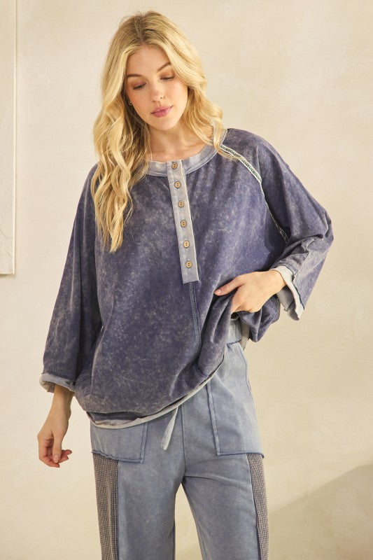 Mineral Wash Henley Pullover Top Navy