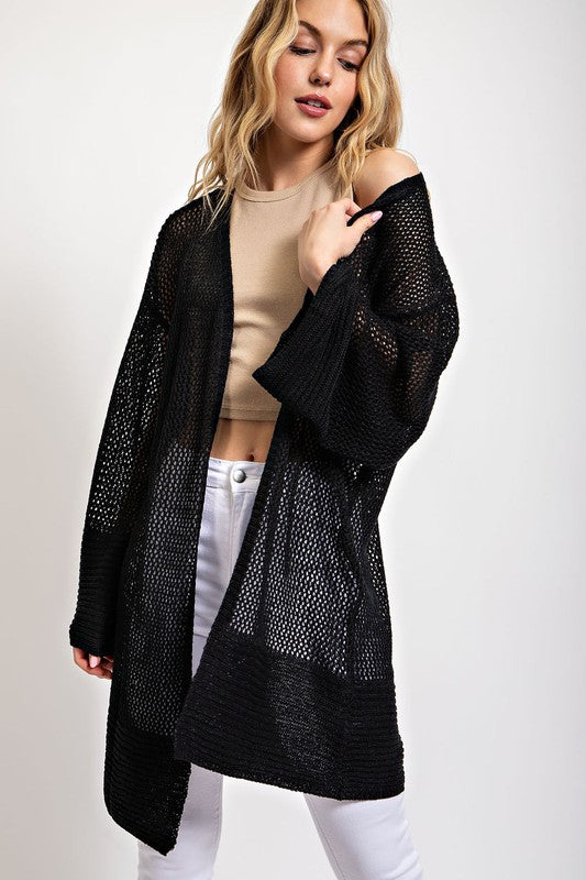 Mesh Open Front Long Cardigan Black