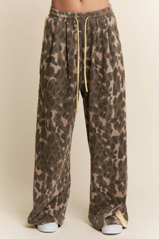 Leopard Print Solid Stripe Wide Leg Bottoms