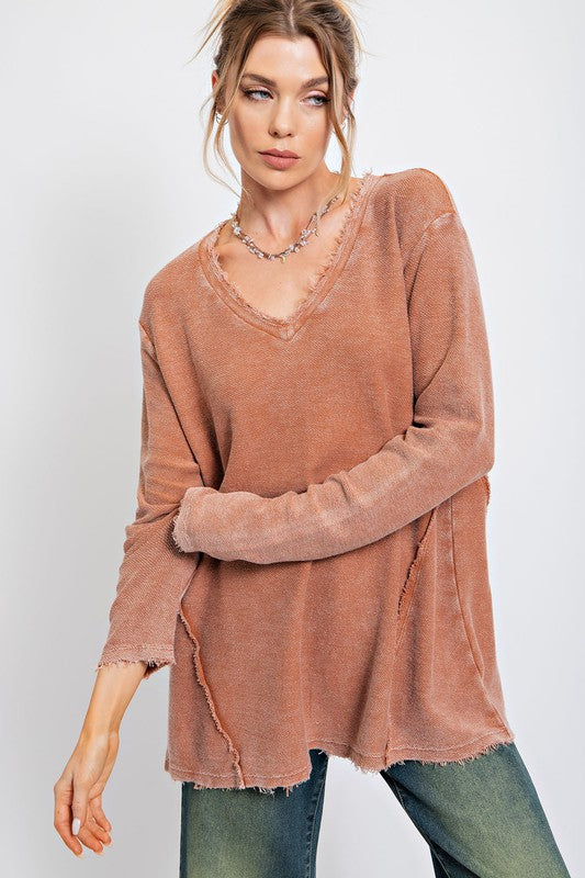 Textured Thermal V-Neck Top Cinnamon
