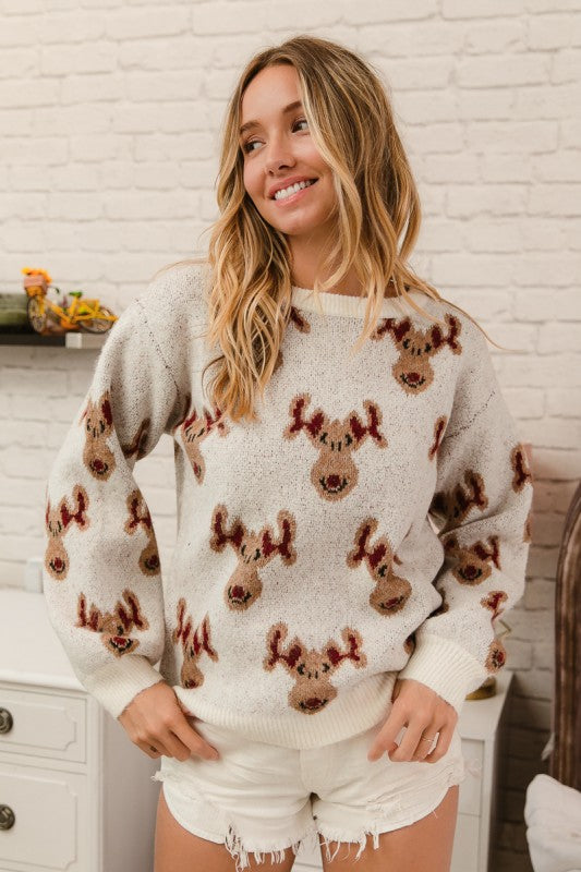 Rudolph Pattern Christmas Knit Sweater Ivory
