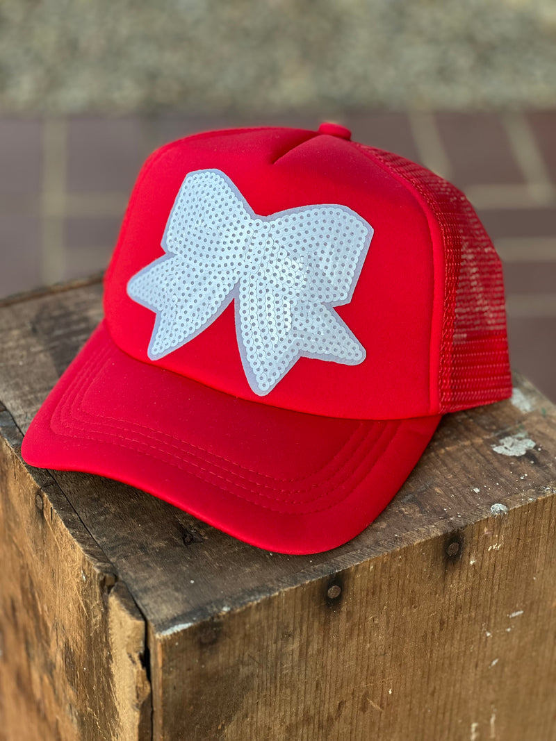 Sparkle Bow Sequin Trucker Hat Red